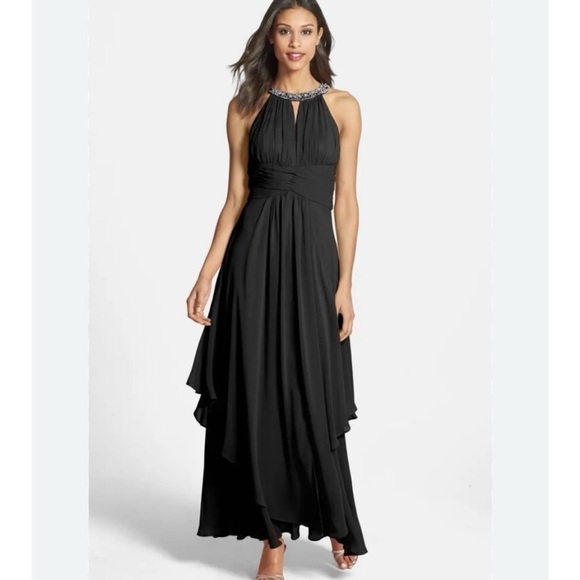 Eliza J Jeweled Collar Halter Tiered Maxi Dress Formal Gown Women 0-2 Black NWT - Picture 1 of 11